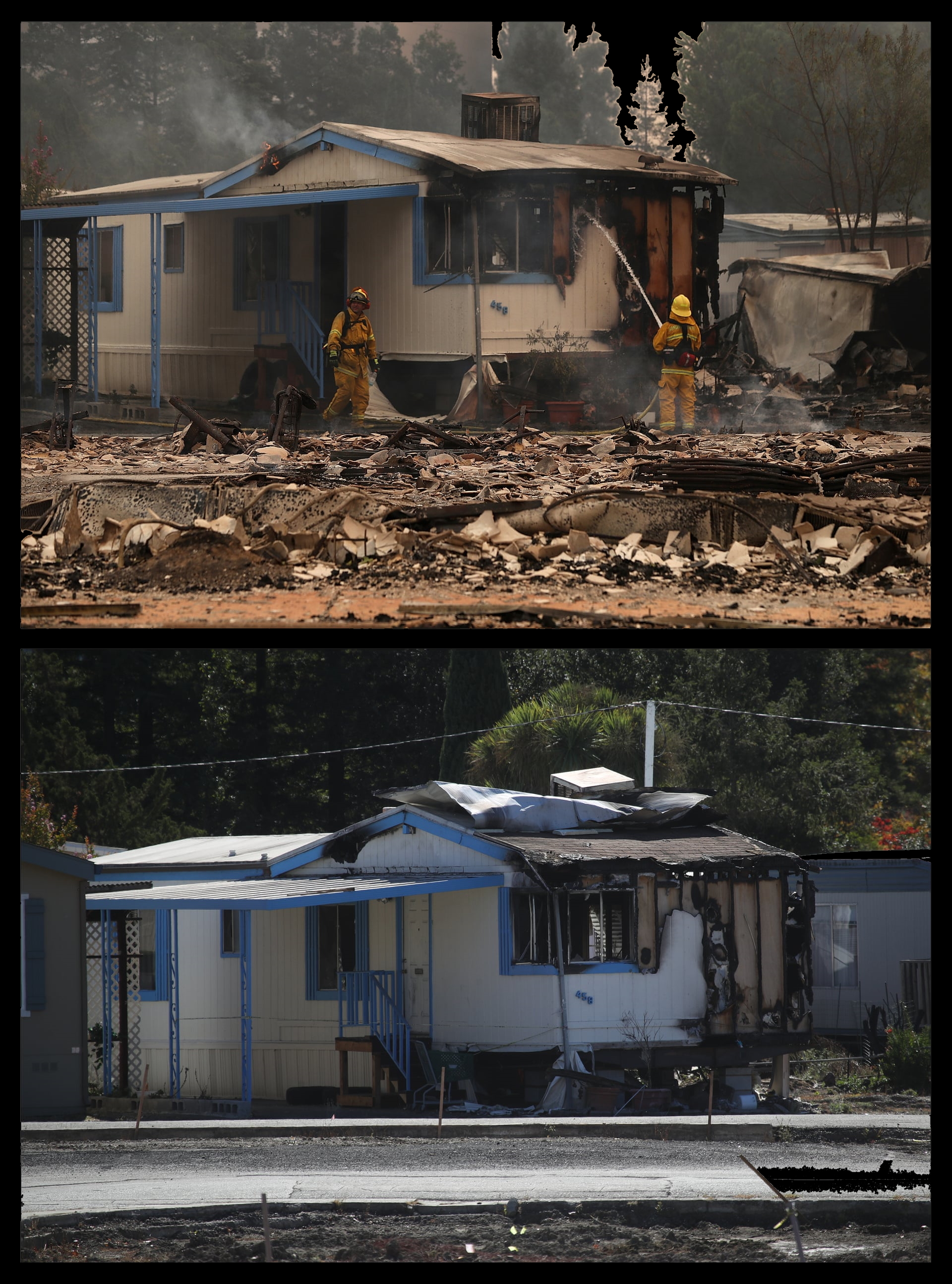 Top: firefighters spray water on fire-damaged mobile home at the Journey’s End Mobile Home Park in Santa Rosa, California, 9 October 2017. Bottom: the same mobile home, a year later. “We really didn’t have two years,” said Lisa Frazee, who lost her Santa Rosa home in the Tubbs fire. “We had to get our infrastructure back – the bridges, the roads – before we could even start personally thinking of rebuilding. The cities and counties were inundated with that first. Then we had to get builders and there aren’t enough builders. There aren’t enough laborers.” Photo: Justin Sullivan / Getty Images