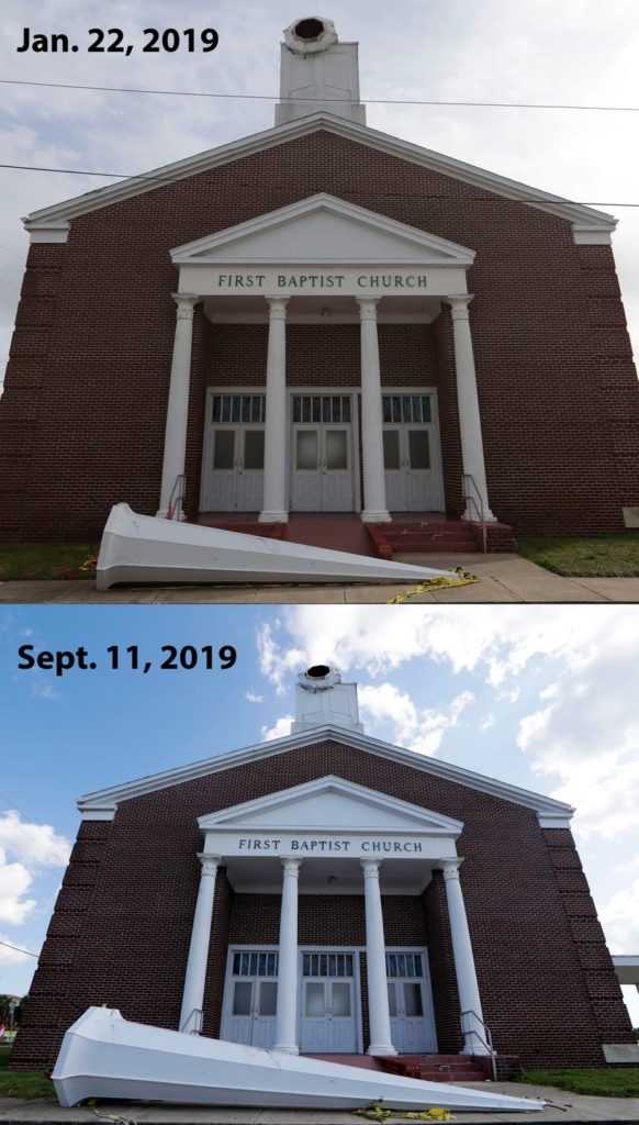 The First Baptist Church in Port St. Joe after Hurricane Michael, shown on 22 January 2019 (top) and 11 September 2019 (bottom). The church still has exposed roof beams, never to be repaired. Downtown shops have yet to clear the debris out of their interiors. Photo: Tallahassee Democrat