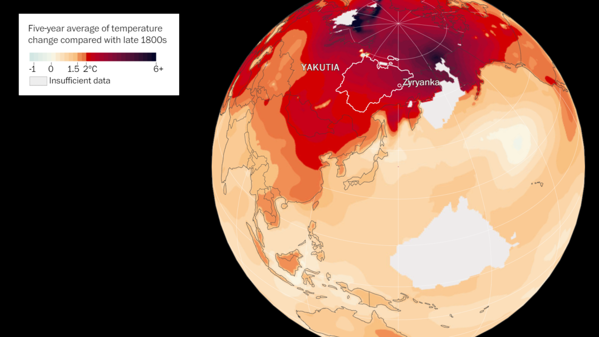 Five-year average of temperature change around Zyryanka, Siberia compared with the late 1800s. Data: Berkeley Earth. Graphic: The Washington Post