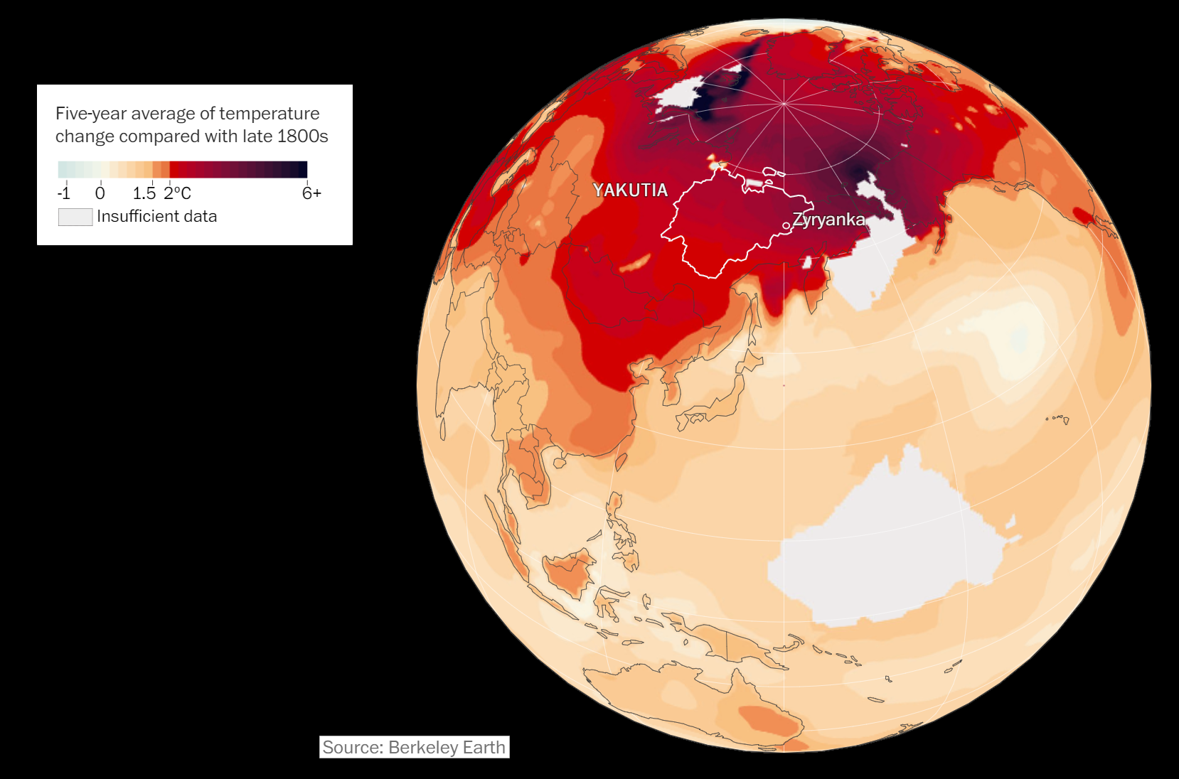Five-year average of temperature change around Zyryanka, Siberia compared with the late 1800s. Data: Berkeley Earth. Graphic: The Washington Post