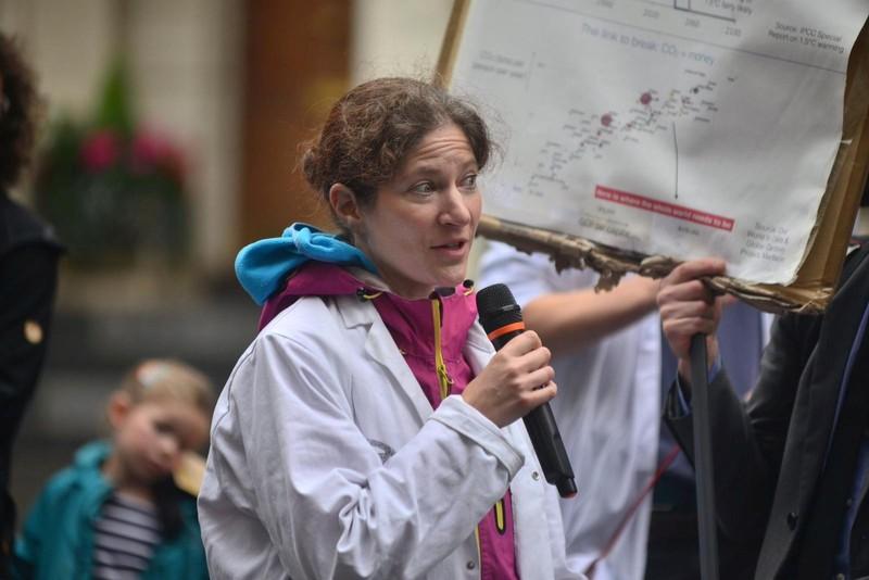 Julia Steinberger, an ecological economist at Britain’s University of Leeds, endorses mass civil disobedience to pressure governments to tackle climate change at a protest at London’s Science Museum, Britain, 12 October 2019. Photo: Louise Jasper / REUTERS