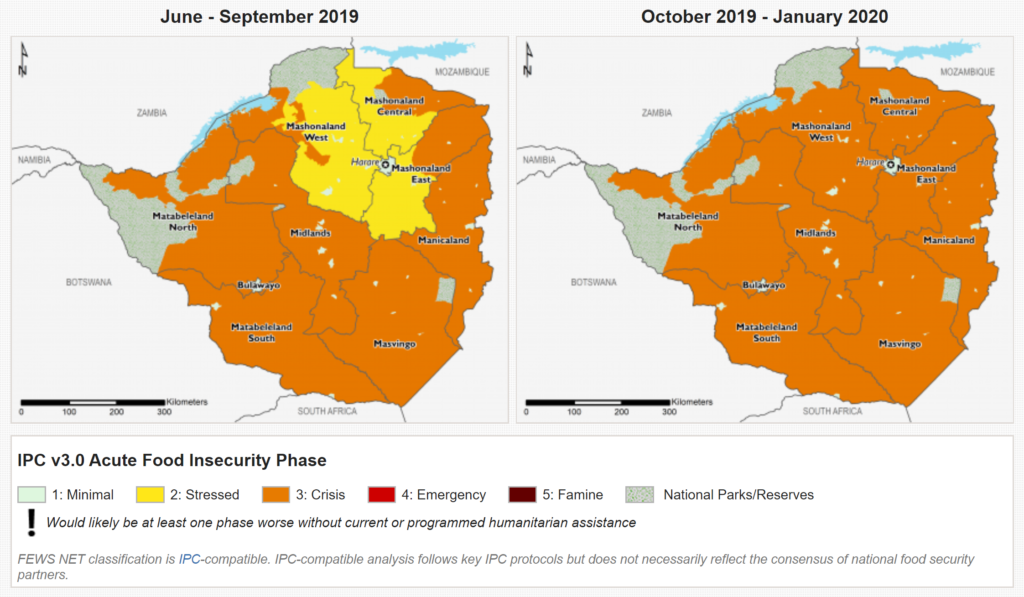 Map of Zimbabwe showing the Acute Food Insecurity Phase for June 2019 to September 2019 (left) and October 2019 to January 2020 (right). Graphic: FEWS NET