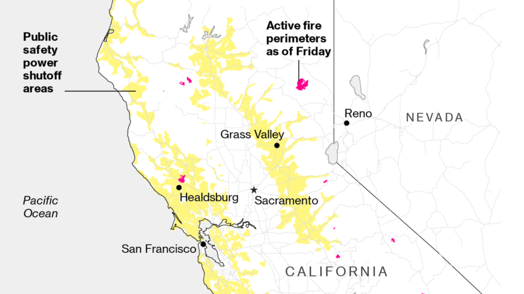 Map showing PG&E Corporation’s planned “public safety power shutoff areas” in California on 25 October 2019. PG&E warned that it will shut off power again on Saturday, 26 October 2019 to as many as 2.5 million people, as violent winds batter the state and threaten to spread wildfires, in what will be California’s largest intentional blackout ever. Graphic: Bloomberg