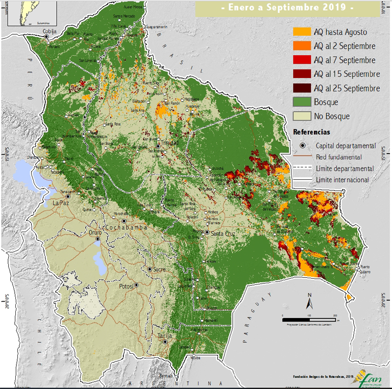 Map showing burned areas in Bolivia in September 2019. “AQ” stands for Area Quemada, or Burned Area — orange is burned area until August, red represents burned areas until various dates in September. Green represents forests, grey represents non-forests. The fires burned around 1.8 million hectares (4.4 million acres) within protected areas, spanning ecoregions including the Amazon rainforest, the Pantanal wetland, the Chiquitano and Chaco dry forests, and the Cerrado. Some of the worst affected protected areas are San Matías and Otuquis, with 24 and 32 percent of each park burned, respectively, and Bolivia’s newest protected area, Ñembi Guasu, where 34 percent of the park was destroyed. Graphic: Friends of Nature Foundation