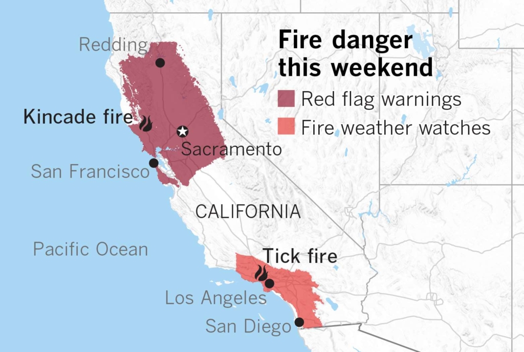 Map showing fire danger in California over the weekend of 26 October 2019. Graphic: McClatchy-Tribune Information Services