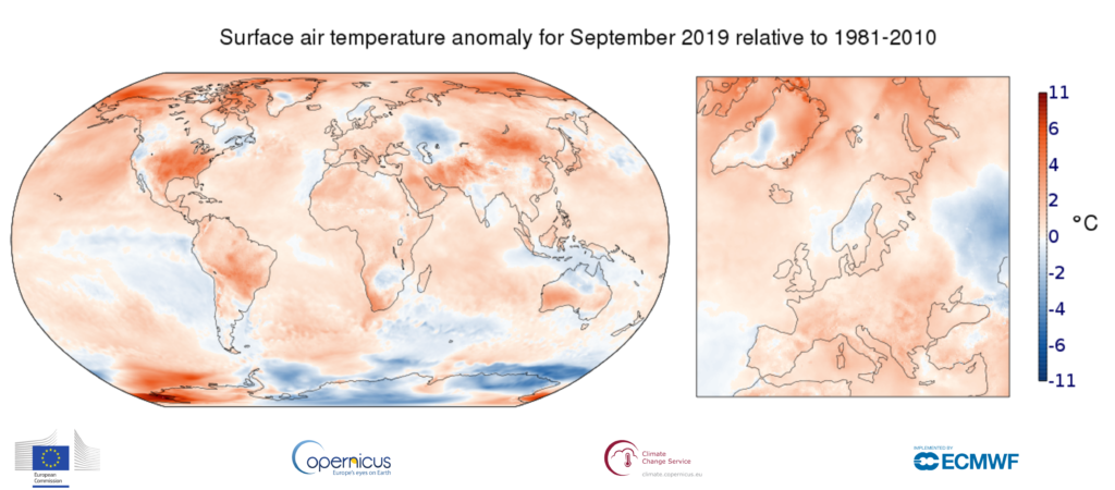 Map showing surface air temperature anomaly for September 2019 relative to the September average for the period 1981-2010 Copernicus Climate Change Service ECMWF