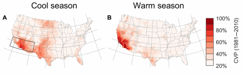 Map showing the coefficient of variation of precipitation (CVP) and its historical and projected changes in the continental United States. (A and B) Historical (1981–2010) CVP from PRISM for the cool and warm seasons, respectively. The bounding box in (A) indicates the Southwest region used for subsequent regional analyses. (C and D) PRISM-estimated historical change in CVP (∆CVPhistorical) from the early 20th century (1901–1930) to the late 20th/early 21st century (1981–2010) for the cool and warm seasons. Graphic: Dannenberg, et al., 2019 / Science Advances
