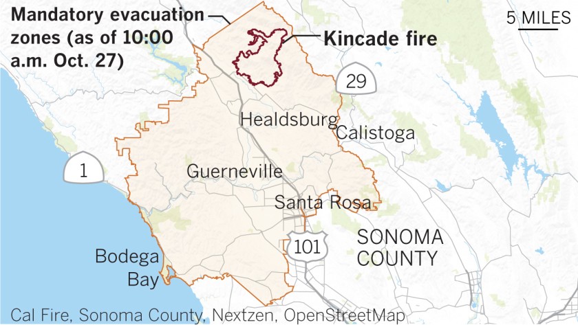 Map showing the mandatory fire evacuation area in Sonoma County, California on 27 October 2019. Graphic: Los Angeles Times