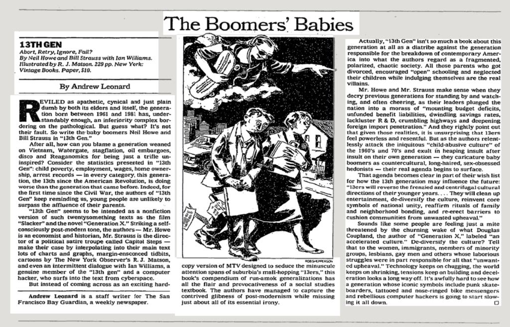 The New York Times review of “13TH GEN: Abort, Retry, Ignore, Fail?”, by Neil Howe and Bill Strauss, titled “The Boomers’ Babies”. Graphic: The New York Times
