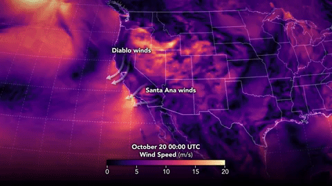 This animation shows winds over the western United States between 20 October 2019 and 28 October 2019. The strongest gusts appear bright yellow; weaker winds are purple. The wind data comes from the Goddard Earth Observing System Model 5 (GEOS-5), an experimental weather model that scientists at NASA use to analyze global weather phenomena. The GEOS model ingests wind data from more than 30 sources, including ships, buoys, radiosondes, dropsondes, aircraft, and satellites. Video: Joshua Stevens / Lauren Dauphin / NASA Earth Observatory