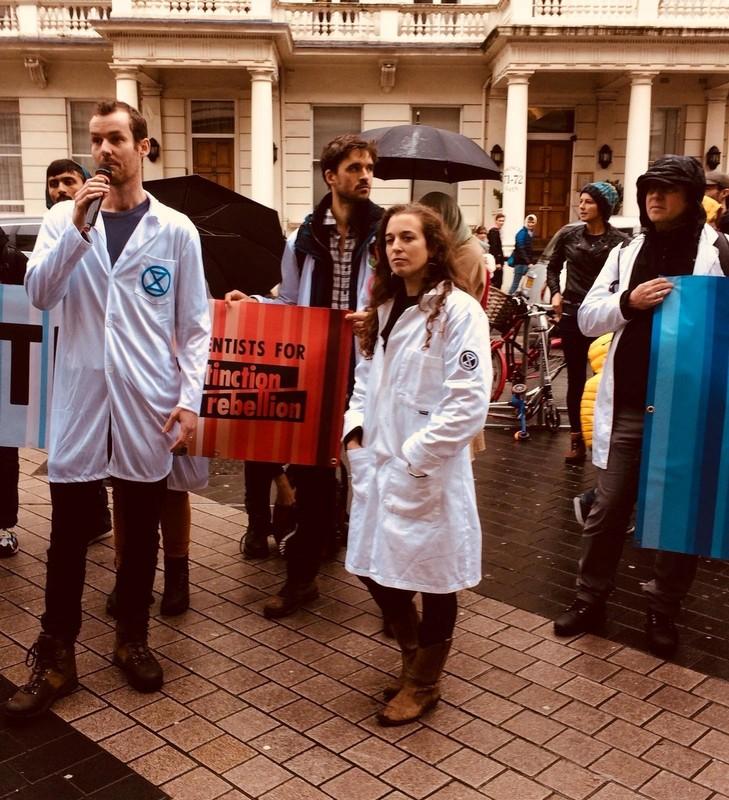 Scientists aligned with Extinction Rebellion gather in London, Britain to declare their support of mass civil disobedience to force governments to act on climate change, in this image obtained via social media 12 October 2019. Photo: Scientists for Extinction Rebellion / REUTERS