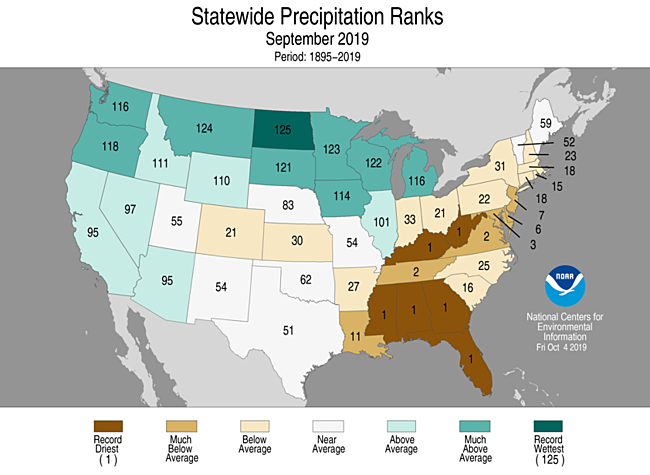 Map showing statewide rankings for U.S. precipitation for September 2019, as compared to each September since records began in 1895. Darker shades of green indicate higher rankings for moisture, with 1 denoting the driest month on record and 125 the wettest. Graphic: NOAA / NCEI