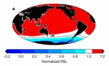 The pattern of normalized relative sea-level (RSL) from Glacial Isostatic Adjustement (GIA) simulations of a 20-m rise in eustatic sea level (ESL). Graphic: Grant, et al., 2019 / Nature