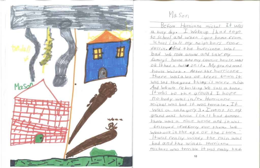 Third grade students from Mrs. Sim’s class in Callaway Elementary in Bay County, Florida wrote and illustrated a book sharing their experiences of Hurricane Michael. This student, named Mason, wrote, “We went out into the eye of the storm. It was really windy, and the rain was bad and the winds. Hurricane Michael was terrible. It was really bad.” Photo: Tallahassee Democrat