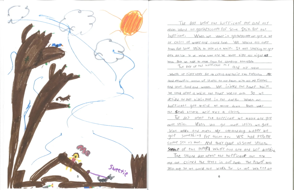 Third grade students from Mrs. Sim’s class in Callaway Elementary in Bay County, Florida wrote and illustrated a book sharing their experiences of Hurricane Michael. This student wrote, “After a while, the power went out. So we decided to play hide-and-seek in the dark.” Photo: Tallahassee Democrat