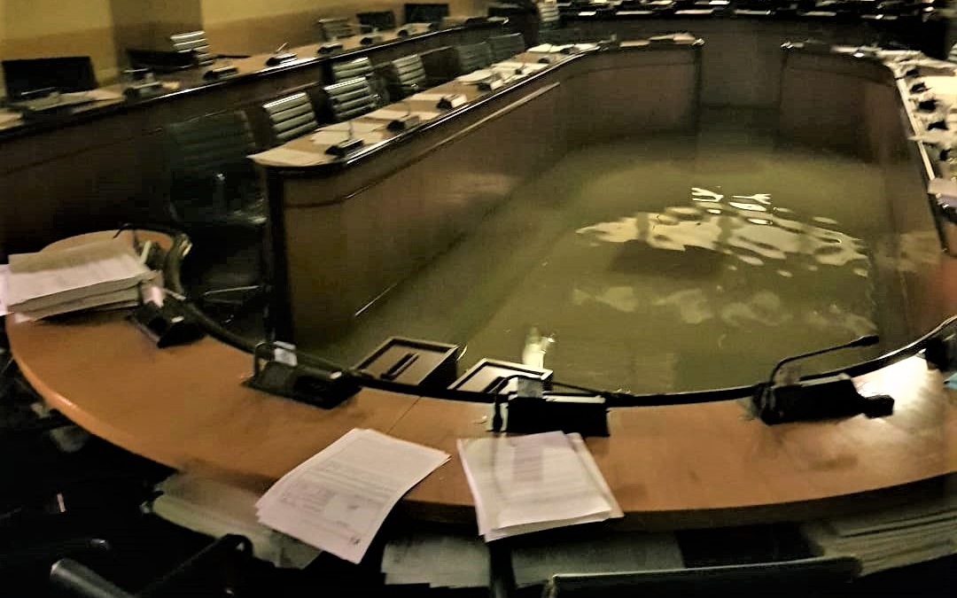 The council chamber in Ferro Fini Palace in Venice, which is located on Venice’s Grand Canal, was flooded for the first time in its history on Tuesday night, 12 November 2019 – just after the Veneto regional council rejected measures to combat climate change. Photo: Andrea Zanoni
