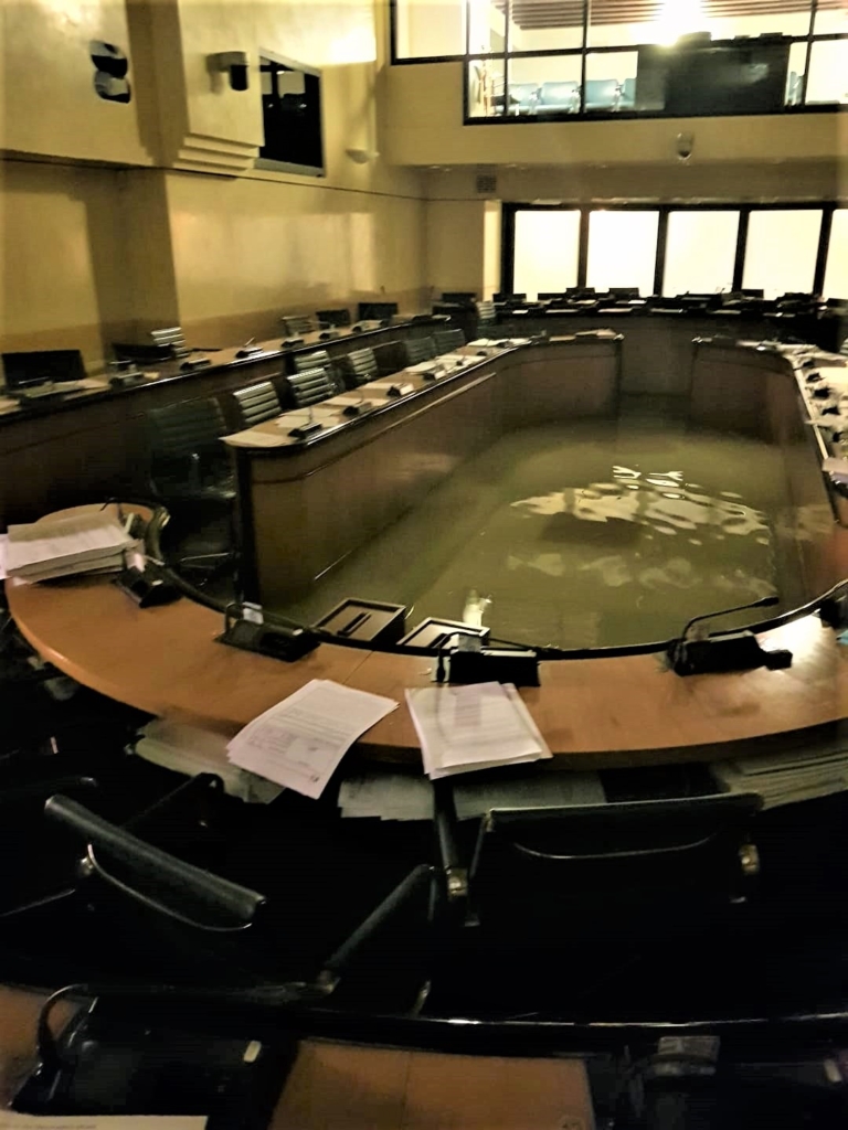 The council chamber in Ferro Fini Palace in Venice, which is located on Venice’s Grand Canal, was flooded for the first time in its history on Tuesday night, 12 November 2019 – just after the Veneto regional council rejected measures to combat climate change. Photo: Andrea Zanoni