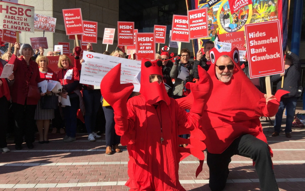 Former HSBC employees protest about unfair cuts, or “clawbacks”, to their pensions outside of the HSBC annual general meeting at the  International Convention Centre in Birmingham, England, 13 April 2019. Photo: The Telegraph