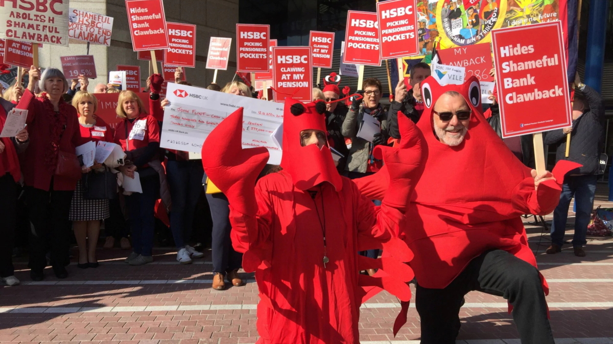 Former HSBC employees protest about unfair cuts, or “clawbacks”, to their pensions outside of the HSBC annual general meeting at the International Convention Centre in Birmingham, England, 13 April 2019. Photo: The Telegraph