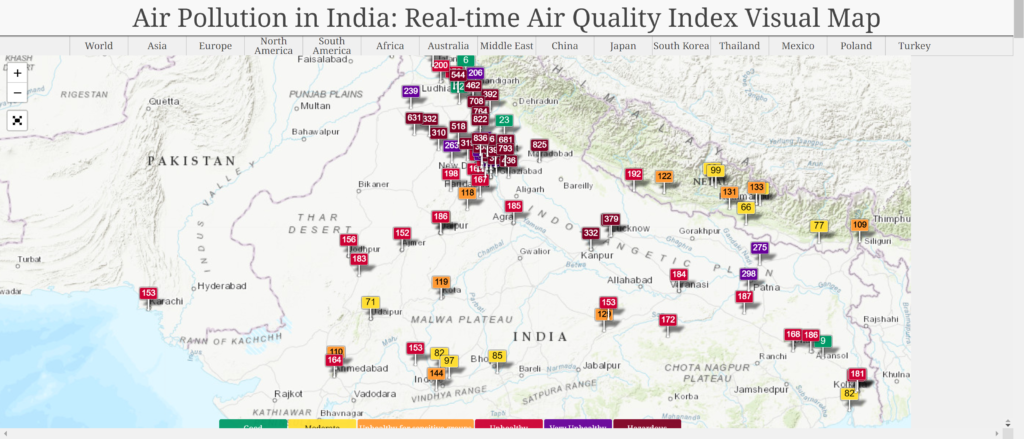 Map of air pollution in India showing Air Quality Index above 500 across North India on 3 November 2019. Graphic: AQICN
