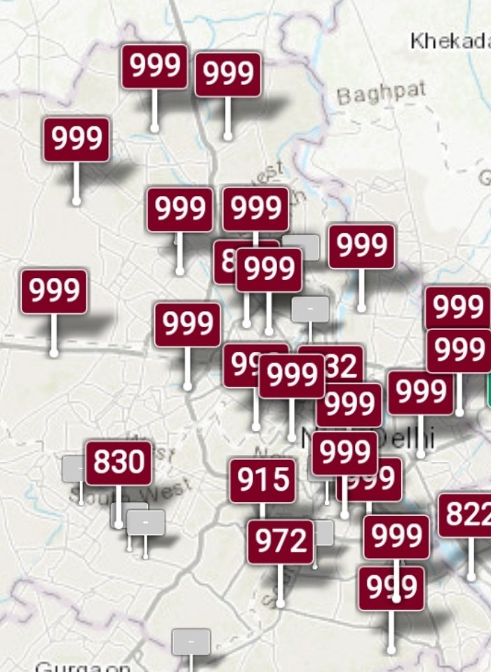 Map of air pollution in India showing Air Quality Index meters maxed at 999 on 3 November 2019. Graphic: AQICN