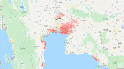 Map of flood risk in Bangkok, Thailand, comparing estimations made by using the Shuttle Radar Topography Mission with the CoastalDEM model by Kulp and Strauss 2018. Graphic: Climate Central