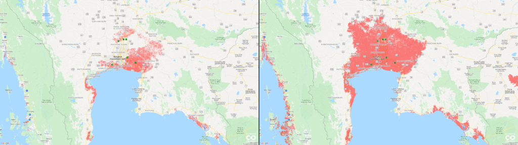 Map of flood risk in Bangkok, Thailand, comparing estimations made by using the Shuttle Radar Topography Mission (left) with the CoastalDEM model by Kulp and Strauss 2018 (right). Graphic: Climate Central