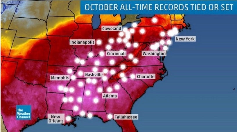 Map of sites in the eastern U.S. that set their all-time October monthly heat records during the period of 1-4 October 2019. This was likely the most intense and expansive heat wave for the month of October on record for the contiguous U.S. Never before have so many Americans experienced heat of this magnitude during the month of October, including multiple days above 100°F at many locations. Graphic: weather.com