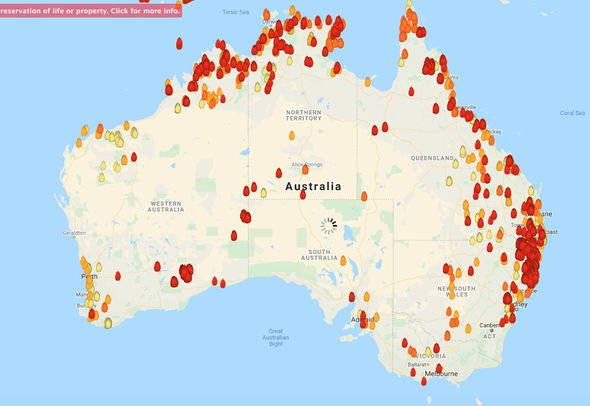 Map showing all of current bushfires in Australia up to 72 hours old, on 12 November 2019. Graphic: My Fire Watch