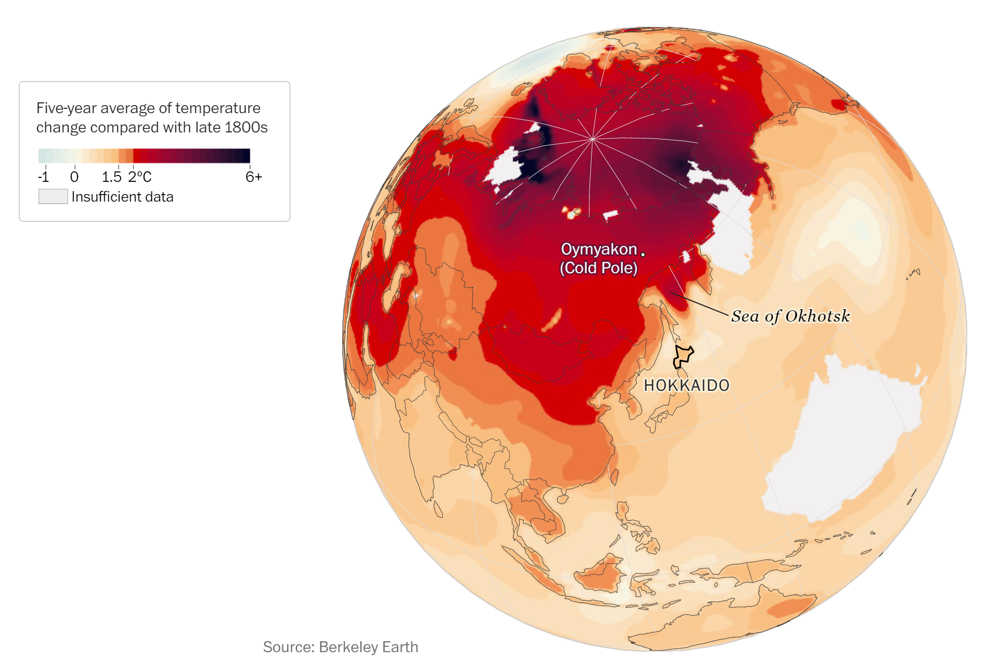 Map showing average surface sea temperature in the Sea of Okhotsk, compared with the late 1800s. Data: Berkeley Earth. Graphic: John Muyskens / The Washington Post