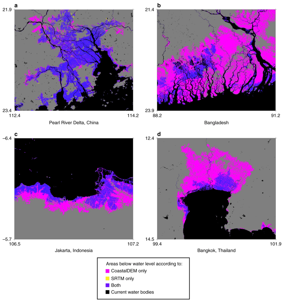 Permanent inundation surfaces predicted by CoastalDEM and SRTM given the median K17/RCP 8.5/2100 sea-level projection. Locations include (a) the Pearl River Delta, China; (b) Bangladesh; (c) Jakarta, Indonesia; and (d) Bangkok, Thailand. Low-lying areas isolated from the ocean are removed from the inundation surface using connected components analysis. Current water bodies are derived from the SRTM Water Body Dataset. Gray areas represent dry land. Axis labels denote latitude and longitude. Graphic: Kulp and Strauss, 2019 / Nature Communications