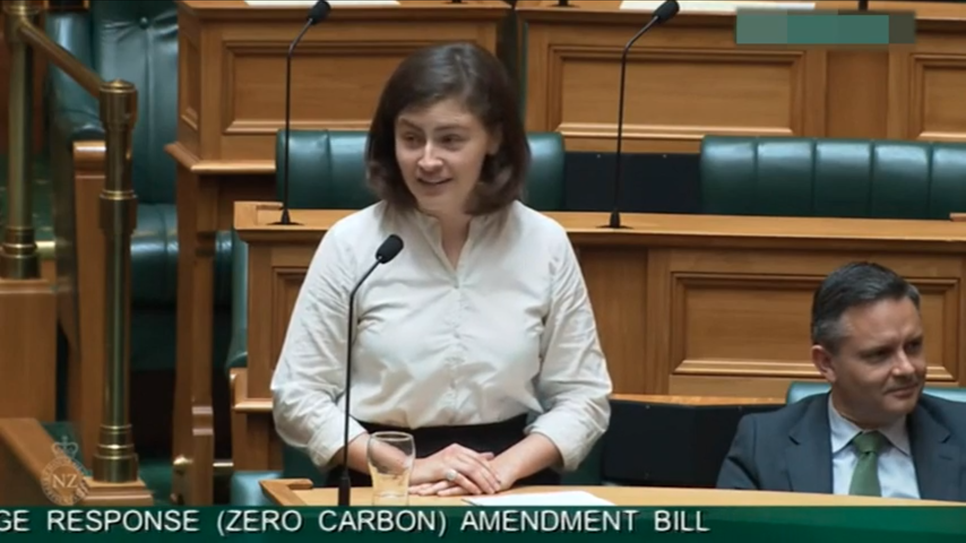 Screenshot showing the moment when Chlöe Swarbrick, a member of the New Zealand Parliament, shut down a heckler by saying, “OK, Boomer” during her speech on landmark climate legislation on Tuesday, 5 November 2019. She went on to say, “How many world leaders for how many decades have seen and known what is coming but have decided that it is more politically expedient to keep it behind closed doors? My generation and the generations after me do not have that luxury.” Photo: New Zealand Parliament