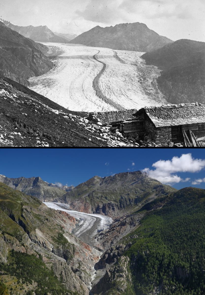 A combination picture shows the Aletsch Glacier as it was in 1865 (top), seen from Belalp, Switzerland and on 3 September 2019 (bottom). Photo: Adolphe Braun / Glaziologische Kommission der Akademie der Naturwissenschaften Schweiz / ETH Library Zurich (top) and Denis Balibouse / REUTERS (bottom)