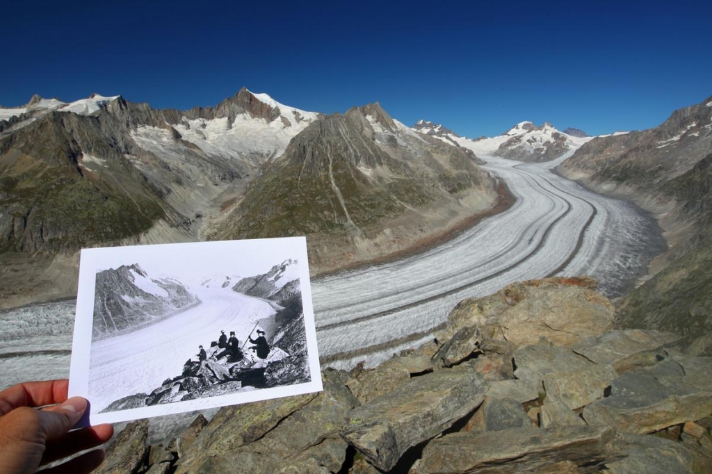 The Aletsch Glacier in Fieschertal, Switzerland, photographed between 1860 and 1890 and released by Library of Congress, is displayed at the same location on 4 September 2019. Photo: Denis Balibouse / REUTERS and Library of Congress