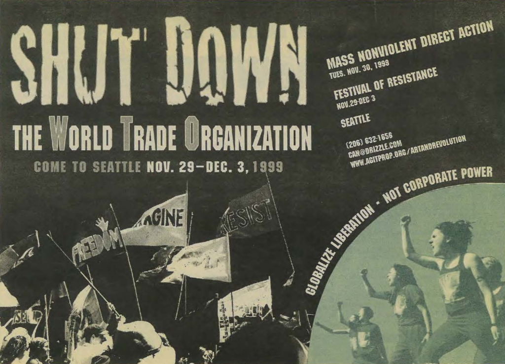Hero graphic from the broadsheet calling for protests against the WTO Ministerial Conference, which was held in Seattle from 29 November 1999 to 3 December 1999, organized by the Direct Action Network. The protests came to be known as N30, or the “Battle for Seattle”. Graphic: DAN