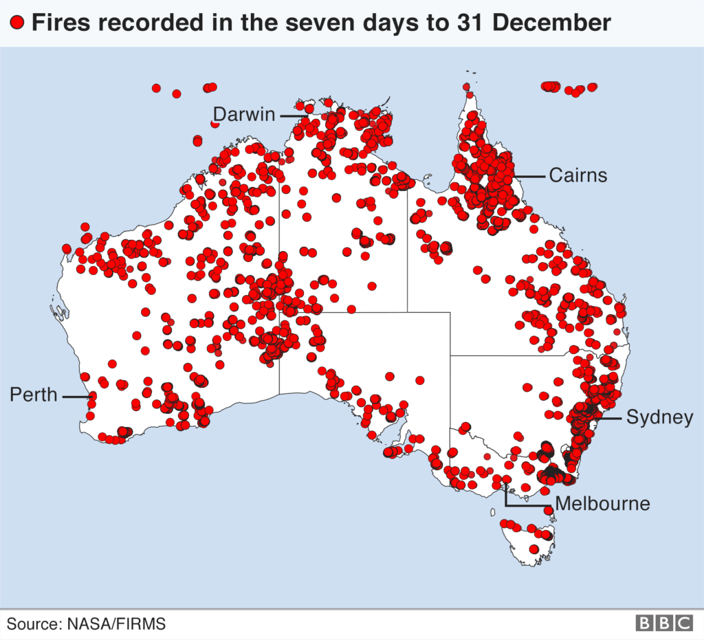 Map showing fires recorded in Australia in the seven days to 31 December 2019. Graphic: NASA / FIRMS  / BBC