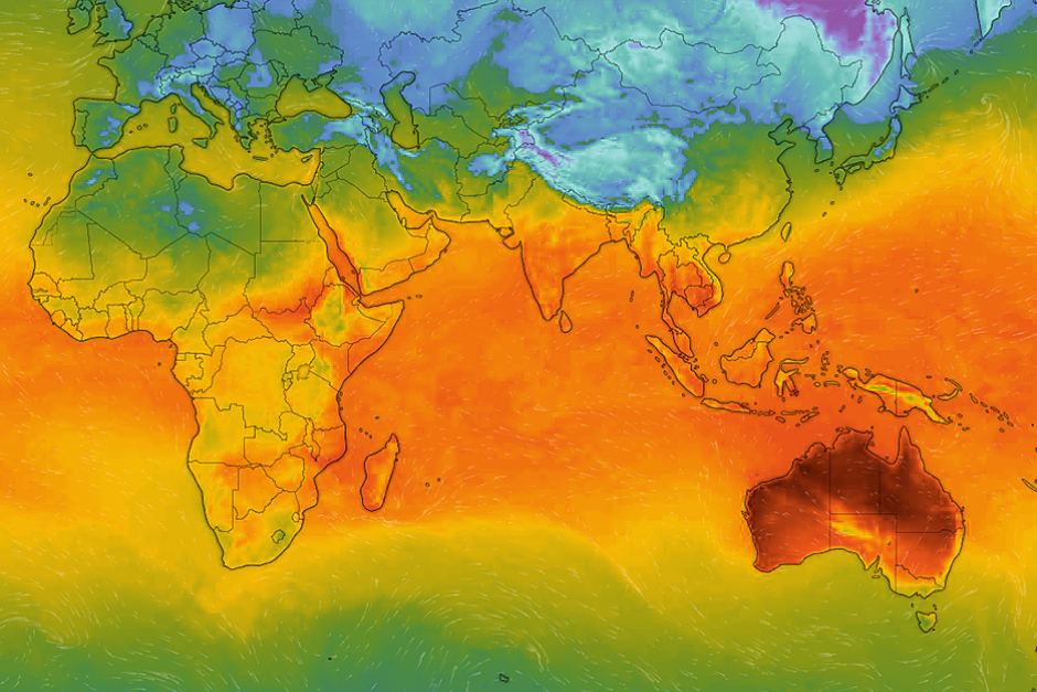 Global temperature map showing Australia as the hottest place in the world on Thursday, 12 December 2019. Graphic: Windy.com
