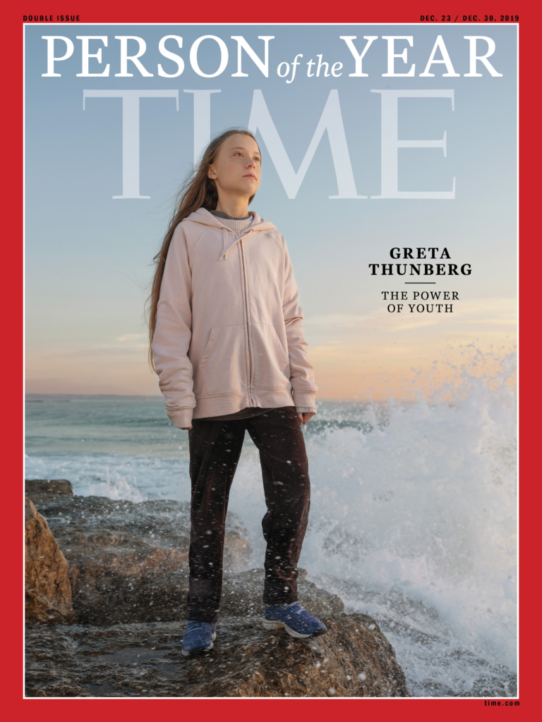 Climate activist Greta Thunberg on the cover of TIME Magazine, photographed on the shore in Lisbon, Portugal, 4 December 2019. She was named TIME magazine’s 2019 Person of the Year on 11 December 2019. Photo: Evgenia Arbugaeva / TIME