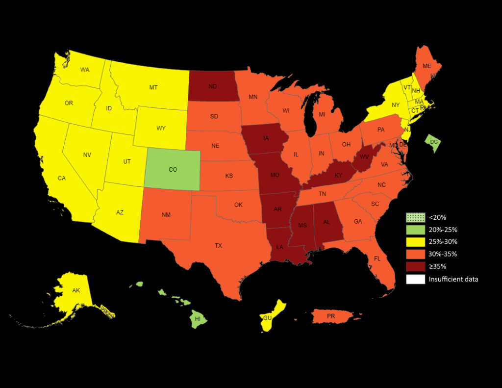 Map showing overall self-reported obesity prevalence in the United States among adults in 2018, by state and territory. Graphic: CDC