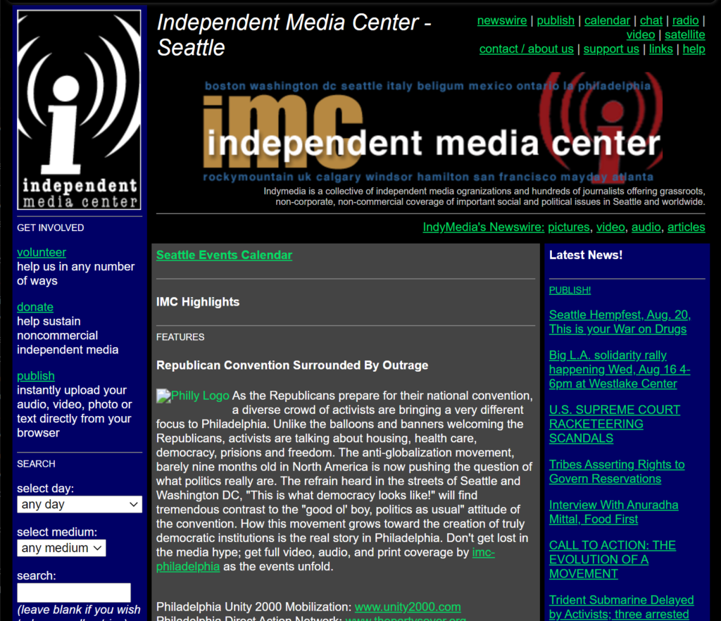 Landing page for the Seattle Independent Center, archived on 15 August 2000. Graphic: Seattle IMC