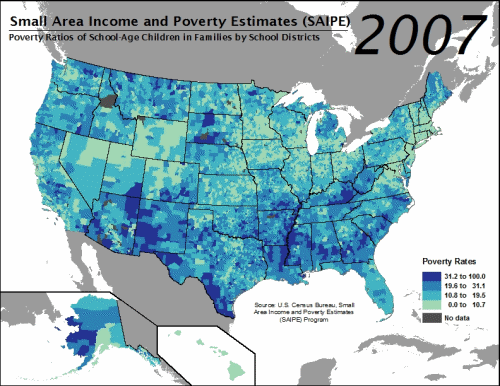 Small area income and poverty estimates (SAIPE), 2007-2018. Data: U.S. Census Bureau Small Area Income and Poverty Estimates (SAIPE) program. Graphic: U.S. Census Bureau