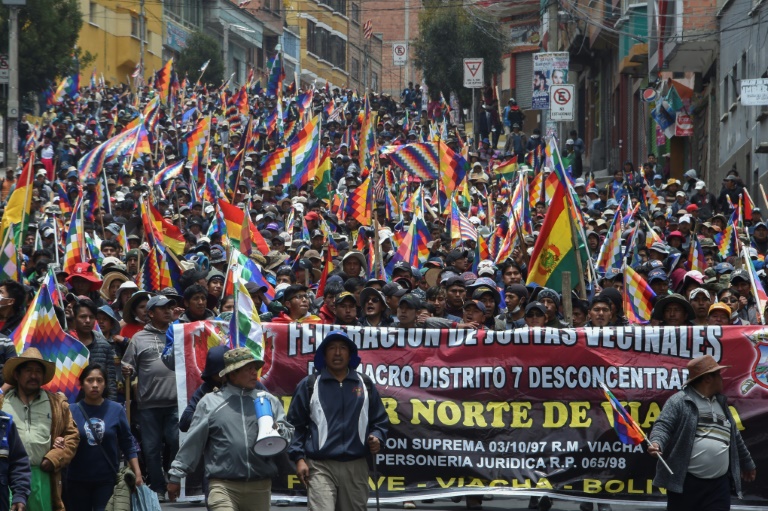 Thousands of indigenous demonstrators march through Bolivia’s capital La Paz on Thursday, 14 November 2019 against the coup that ousted President Evo Morales. Photo: AFP