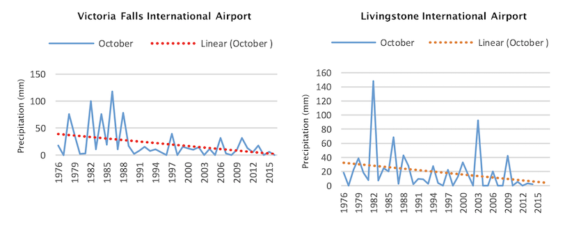 Trends in October rainfall at Victoria Falls (left, 1064 m elevation) and Livingstone (right, 986 m elevation) from 1976 to 2016. Livingstone is about 25 miles upstream from Victoria Falls. Graphic: Kaitano Dube