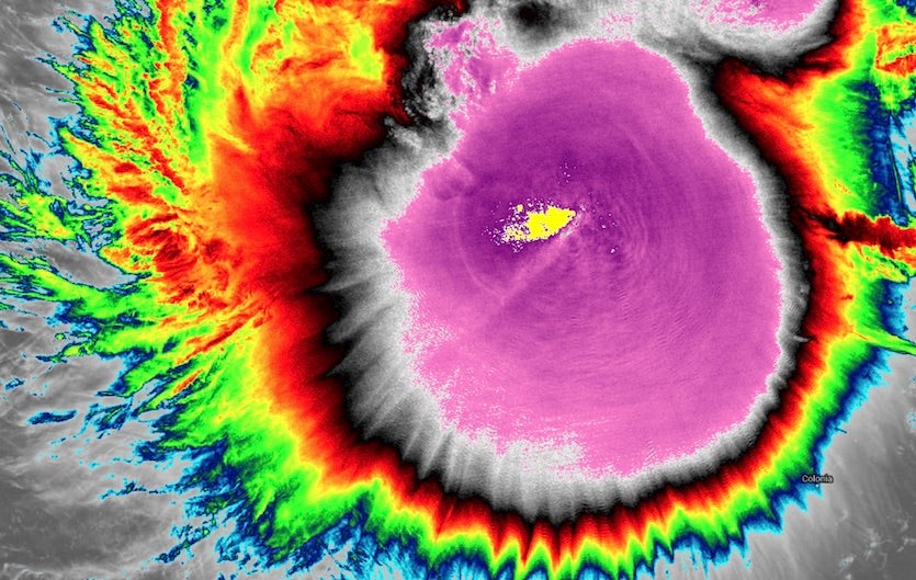 VIIRS infrared image of Typhoon Kammuri from the NOAA-20 satellite at 0420Z Saturday, 30 November 2019. Scott Bachmeier (CIMSS/SSEC/University of Wisconsin–Madison) manually added the yellow color just west of the center to denote the location of the coldest cloud tops, which had gone “off the scale” of the automatically generated color table. Graphic: Scott Bachmeier / SSEC RealEarth