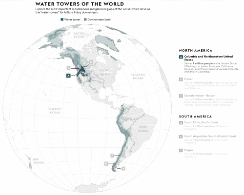 Water towers of the World: the most important mountainous and glacial regions in the Americas, which serve as the “water towers” for billions living downstream. Data: Walter Immerzeel, Utrecht University. Graphic: Brian T. Jacobs / National Geographic