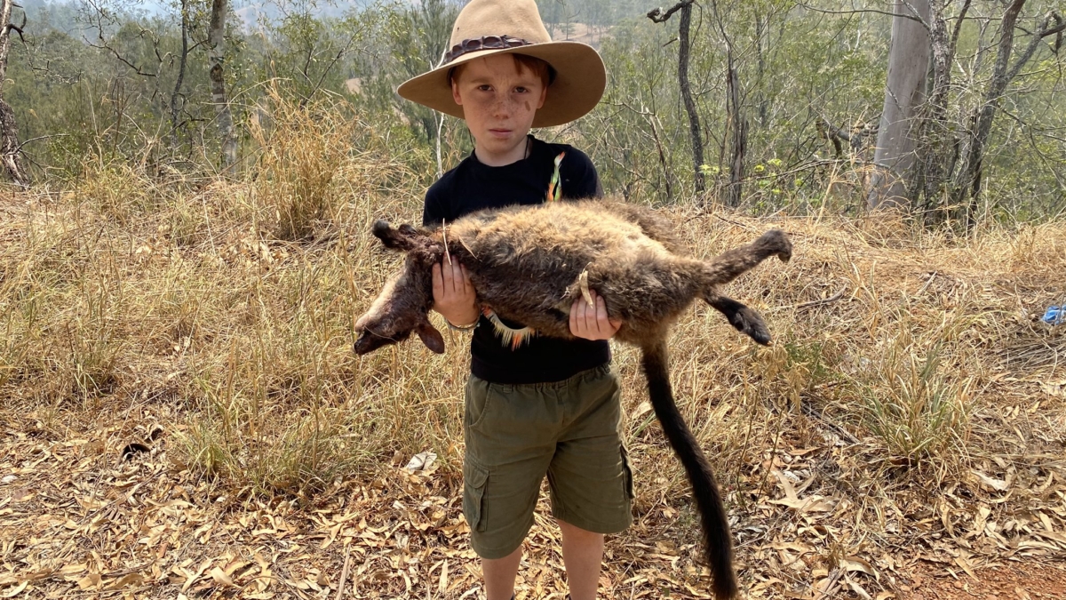 A boy cradles the body of dead endangered Brush-tailed rock-wallaby, found near a muddy puddle of water after a bushfire in Gosford, New South Wales, Australia, on 6 January 2020. The boy asked his father, Tim Faulkner, “They’re all dying aren’t they Dad?” Faulkner told him it was his job to save the world. Photo: Tim Faulkner / Facebook