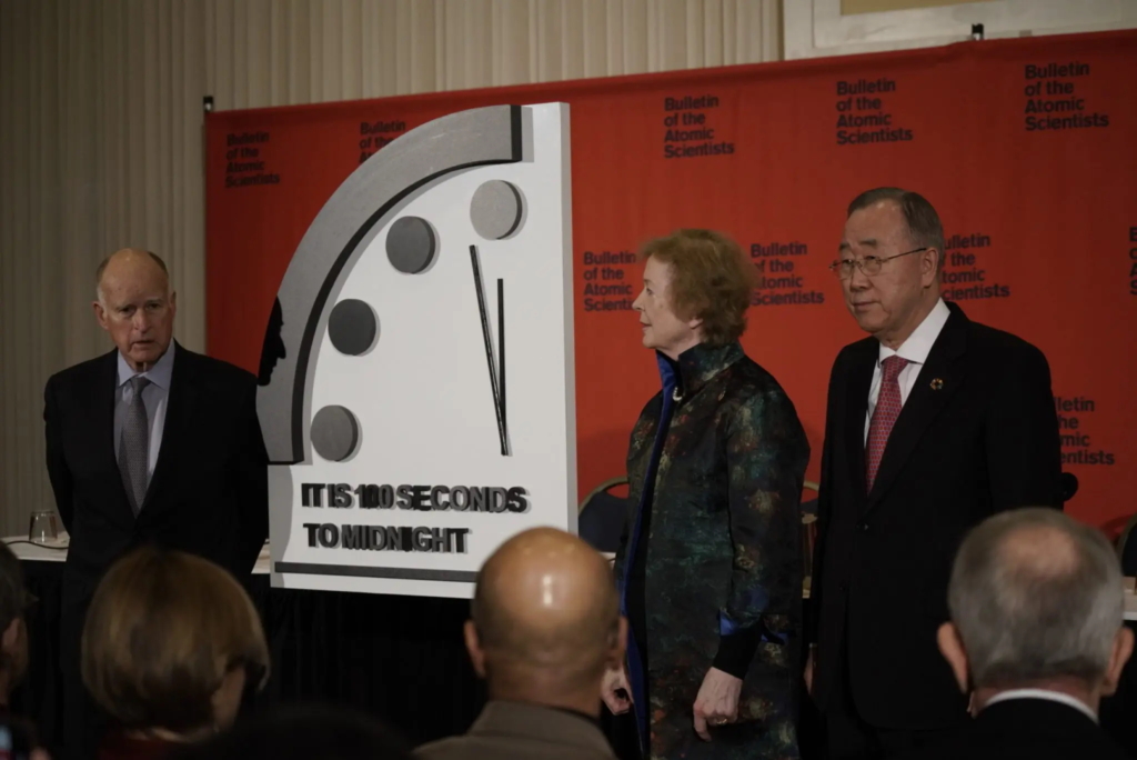 Scientists with the Bulletin of the Atomic Scientists move the hands of the Doomsday Clock to within 100 seconds of midnight, closer to midnight than at any point since its creation in 1947, 23 January 2020. Photo: Bulletin of the Atomic Scientists