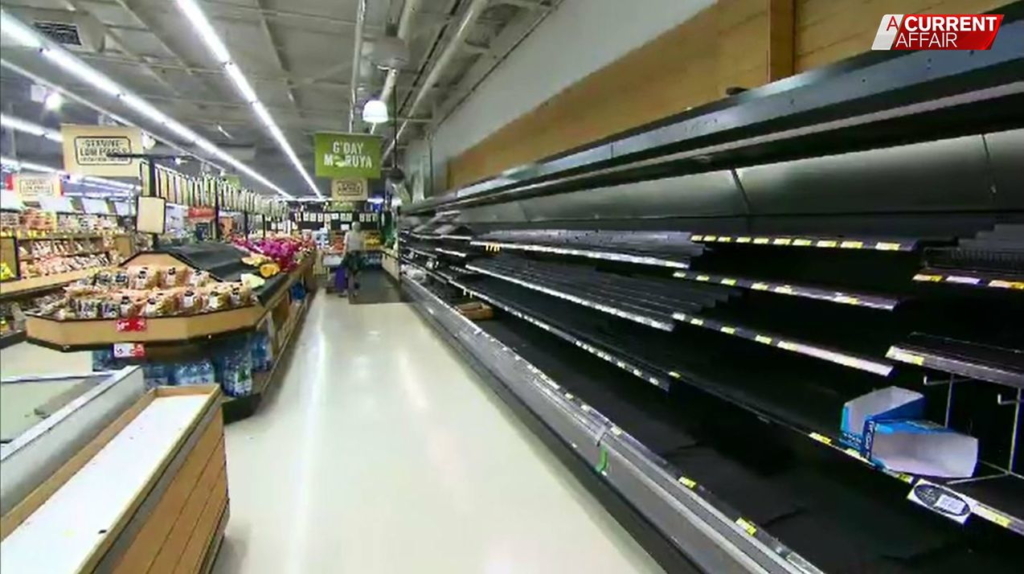 Empty shelves in a supermarket  on the South Coast of New South Wales, 2 January 2020. Photo: A Current Affair