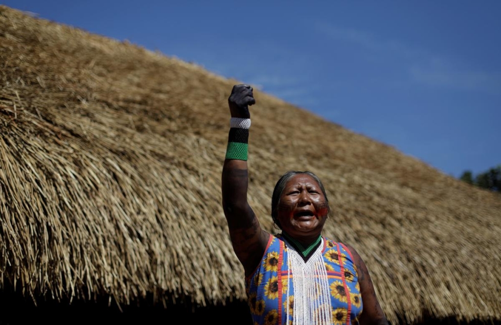 A kayapo woman shouts during a four-day pow wow in Piaracu village, in Xingu Indigenous Park, near Sao Jose do Xingu, Mato Grosso state, Brazil, 15 January 2020. Photo: Ricardo Moraes / REUTERS