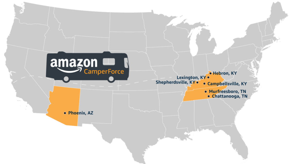 Map showing Amazon CamperForce locations in Arizona, Kentucky, and Tennessee. Graphic: Amazon